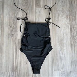 Black Adjustable Tie String One Piece Swimsuit